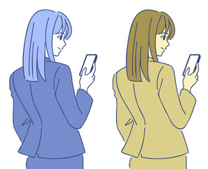 後ろ向きでスマホを見る女性　ai
