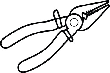 Needle nose pliers line drawing, black and white vector illustration, hand tool outline sketch, engineering design template, DIY repair equipment icon