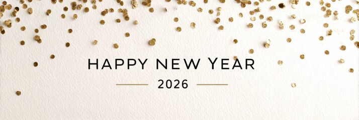 Happy New Year 2026 greeting card with gold confetti and elegant design