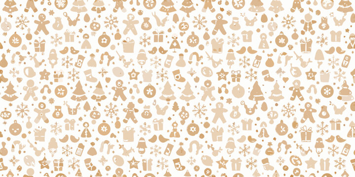 Seamless pattern of festive christmas icons in warm beige tones on a white background