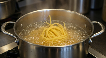 Spaghetti boiling in a stainless pot with steam and golden light.
