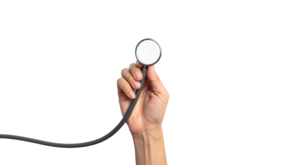 A hand holding a stethoscope, symbolizing healthcare and medical examination. The image portrays precision and care