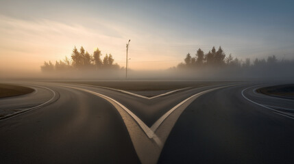 A conceptual crossroads splitting in two directions, symbolic path choice. wellbeing guides, coaching materials, designed for coaching and self-improvement content, used by lab technicians.