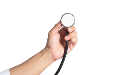 A hand holding a stethoscope, symbolizing healthcare and medical diagnosis. It has black rubber tubing and a silver chest piece 