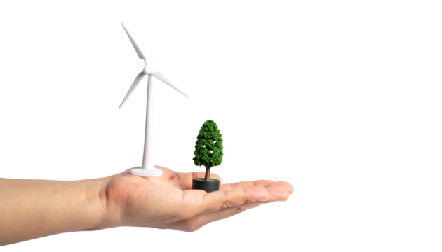 An eco-conscious individual's hand holding a miniature wind turbine and tree, representing sustainability
