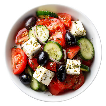 White bowl of greek salad with feta cheese tomatoes cucumbers and black olives transparent background