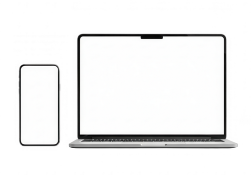 Laptop and smartphone with blank screens isolated on transparent background, showcasing modern technology and connectivity