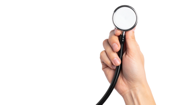 A hand holding stethoscope, a symbol of medical care. The hand carefully holds the stethoscope, ready for examination. 