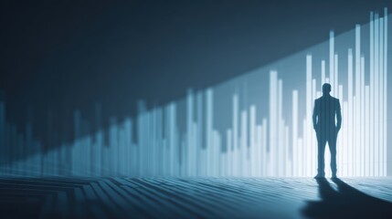 Business professional standing before a financial data chart