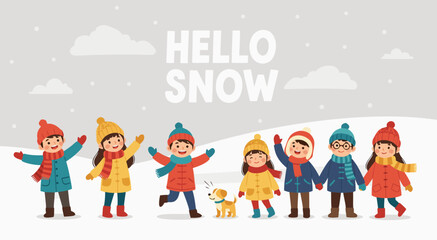 Happy children playing in the snow, greeting the winter season with joy, and enjoying the snowfall