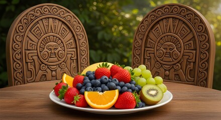 A vibrant plate of mixed fresh fruits including strawberries, blueberries, grapes, kiwi, and orange slices sits on a wooden table with two intricately carved Aztec-style chairs in a lush garden settin