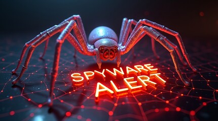 A glowing 3D spider crouches over the words 'Spyware Alert' in a digital landscape, blending technology and danger.