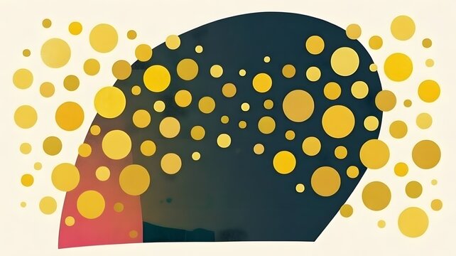 Abstract dark shape with scattered yellow circles and a red accent