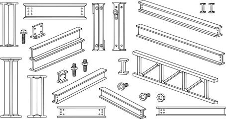 Construction elements and steel beams depicted in an architectural illustration with black outline
