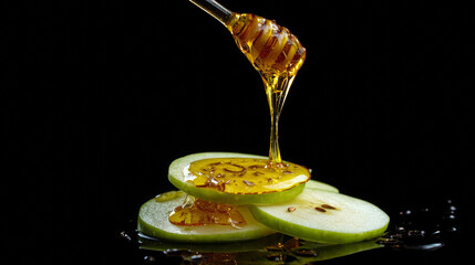 Golden Honey Drizzling Onto Fresh Green Apple Slices With Honey Dipper