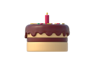 Chocolate cake with candle isolated on white background. Frosting pie. Sweet food. Confectionery product. Side view. 3d render