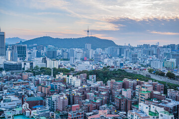 Seoul's Namsan Tower and its surrounding cityscape during the autumn day