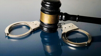 Judge's Gavel Resting on Handcuffs Symbolizing Law, Criminal Justice, and Punishment