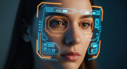 Augmented Reality Interface A Close Up of a Woman Wearing Futuristic AR Glasses Displaying a High Tech Digital Overlay for Enhanced Visual Experience