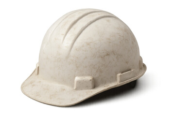 Fototapeta premium White protective hard hat for worker safety, showing signs of use and industry, with a transparent background