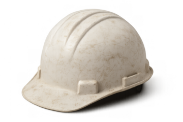 White protective hard hat for worker safety, showing signs of use and industry, with a transparent background