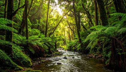Fototapeta premium Lush Green Forest with a Small River and Sunlit Canopy