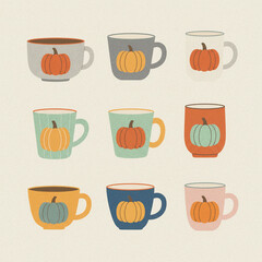 Cozy mug illustrations with pumpkin designs in warm autumn colors. Perfect for fall or Thanksgiving projects.