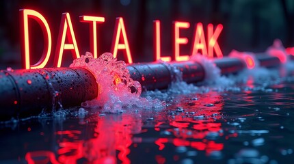 A striking visual of glowing red neon text 'DATA LEAK' over a pipe with bubbles and water, creating a dramatic and urgent atmosphere.