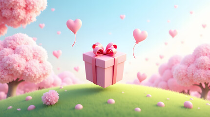 Surprise gift floating with hearts