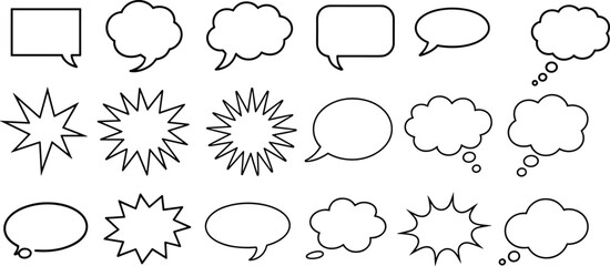 Fototapeta premium Comic speech bubbles and thought clouds set, blank dialogue balloon collection, cartoon explosion shapes, pop art communication symbols, outline design for comic illustration