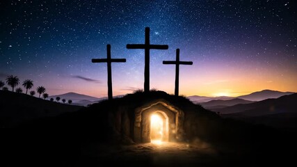 Easter Resurrection 4K Animation with Three Crosses and Open Tomb Silhouette at Night