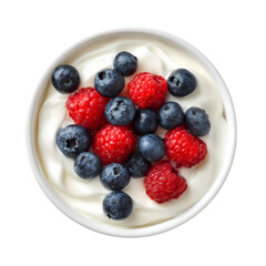 White bowl of yogurt with berries top view isolated on transparent background