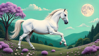 Majestic white horse gallops freely
