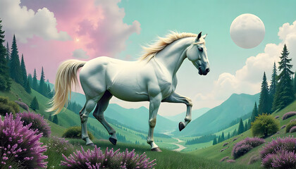 Majestic white horse gallops through field