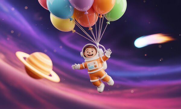 A cartoon astronaut floats in space, buoyed by colorful balloons.  A comet streaks across the night sky