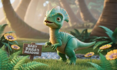 A cartoon baby dinosaur, light green, stands in a meadow.  Floral blossoms and ferns surround it. A sign reads "BABY PARA'S MEADOW."  Sunlight filters through trees