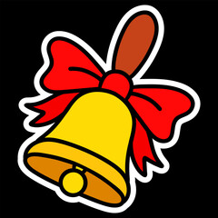 Cute school bell sticker icon. Cartoon yellow bell with ribbon vector illustration for school, education and stationery design.