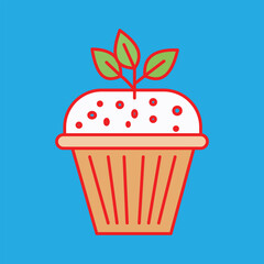 Cute cupcake with green leaves on top isolated on a vibrant blue background
