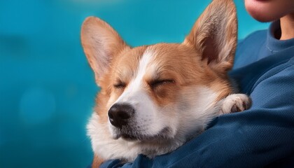 cute white red corgi dog in the arms of the owner happily dozing and sleeping tired in the arms of the owner s best friend