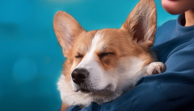 cute white red corgi dog in the arms of the owner happily dozing and sleeping tired in the arms of the owner s best friend