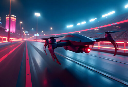 Drone flies over race track at night - Powered by Adobe