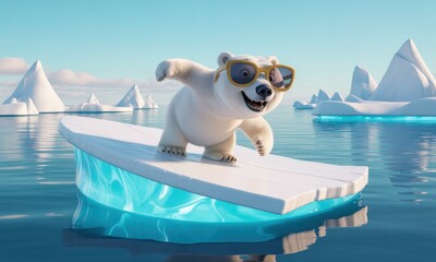 A cartoon polar bear wearing sunglasses surfs on a large ice floe in icy waters.  A sunny, light-blue sky above a landscape of snow-capped icebergs.  Playful and humorous