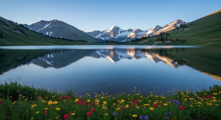 Serene mountain lake reflecting snow capped peaks and clear blue sky perfect for outdoor adventure marketing