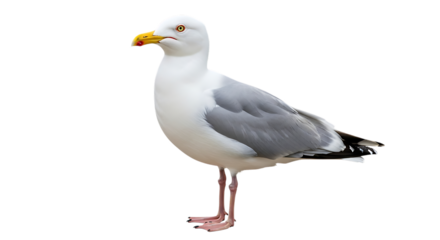 A detailed profile of a seagull standing on one leg isolated on transparent background