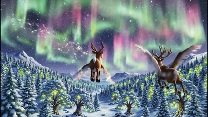 A magical Christmas animation of flying reindeer in a snowy winter forest. A parent and fawn grow colorful wings under the vibrant aurora borealis. Vertical fantasy video - Powered by Adobe