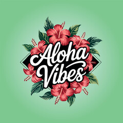 Aloha banner poster template. Summer template featuring plants and flowers. Tropical summer landscape.