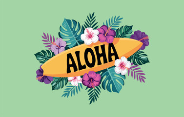 Aloha poster or banner template. Summer template featuring plants, flowers, and surfing. Tropical summer landscape.