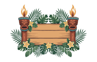Wooden sign with tropical exotic plants and a tiki mask. Vector illustration on a white background.
