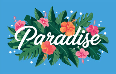 Paradise poster or banner template. Summer template featuring plants and flowers. Tropical summer landscape.