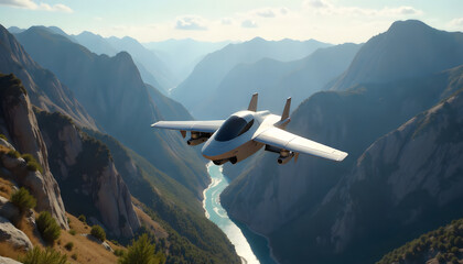 Jet flies over majestic mountain canyon
